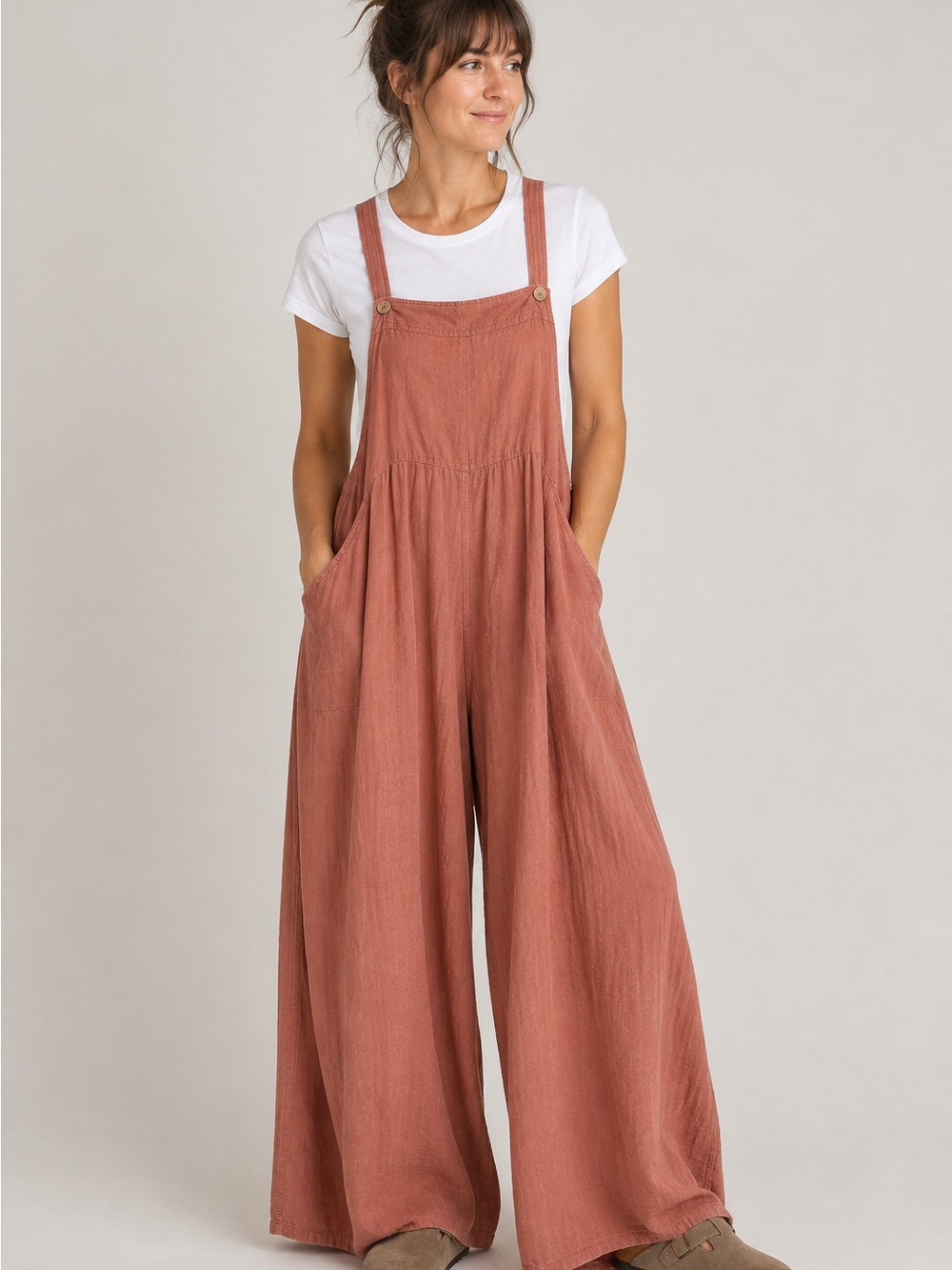 NATURAL LIFE Wide-Leg Linen-like Cotton Jumpsuit, Flowy Wide Leg, Small Medium - Picture 3 of 14